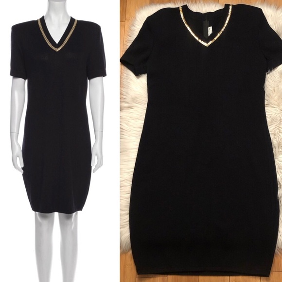 St. John Santana Wool Blend Gold Sequins V-neck Black Knit Dress size 8 - Picture 1 of 15